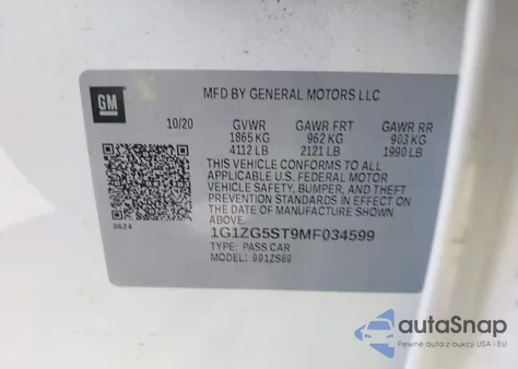 2021 Chevrolet Malibu Fwd Rs z USA, uszkodzony, nr VIN 1G1ZG5ST9MF034599